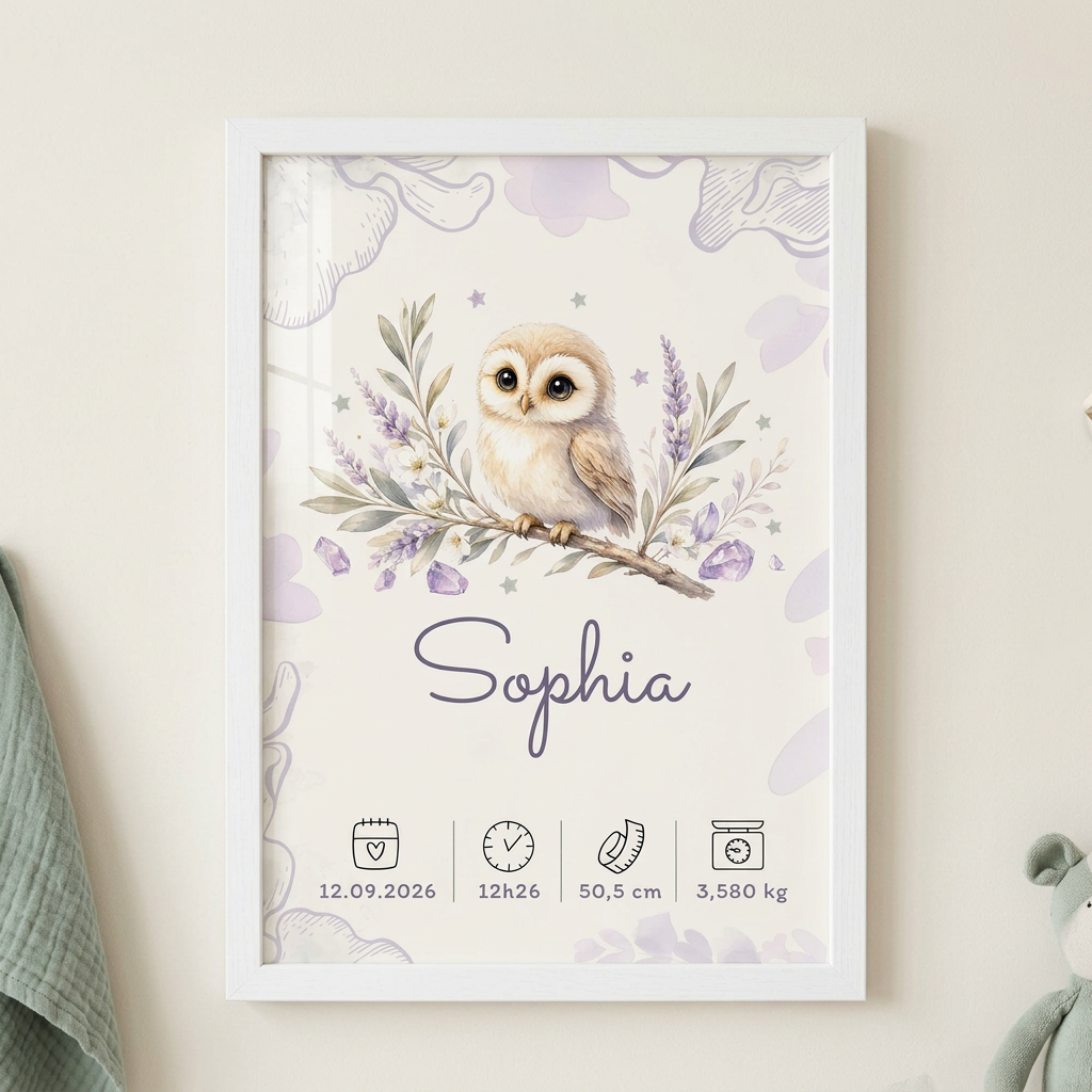 Affiche Sophia de face dans un cadre blanc A4 avec plexiglas