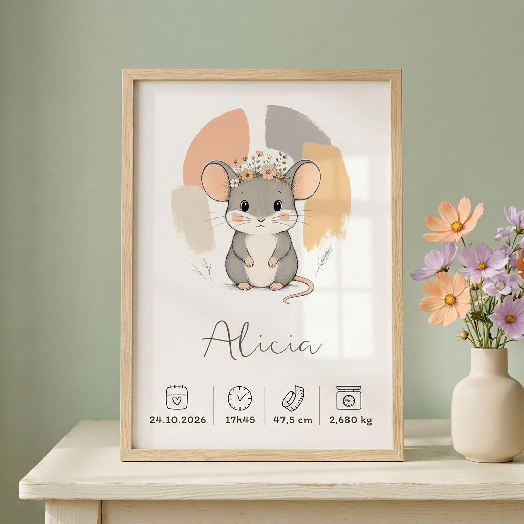 Affiche souris Alicia dans un cadre bois clair avec fleurs