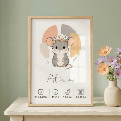 Affiche souris Alicia dans un cadre bois clair avec fleurs