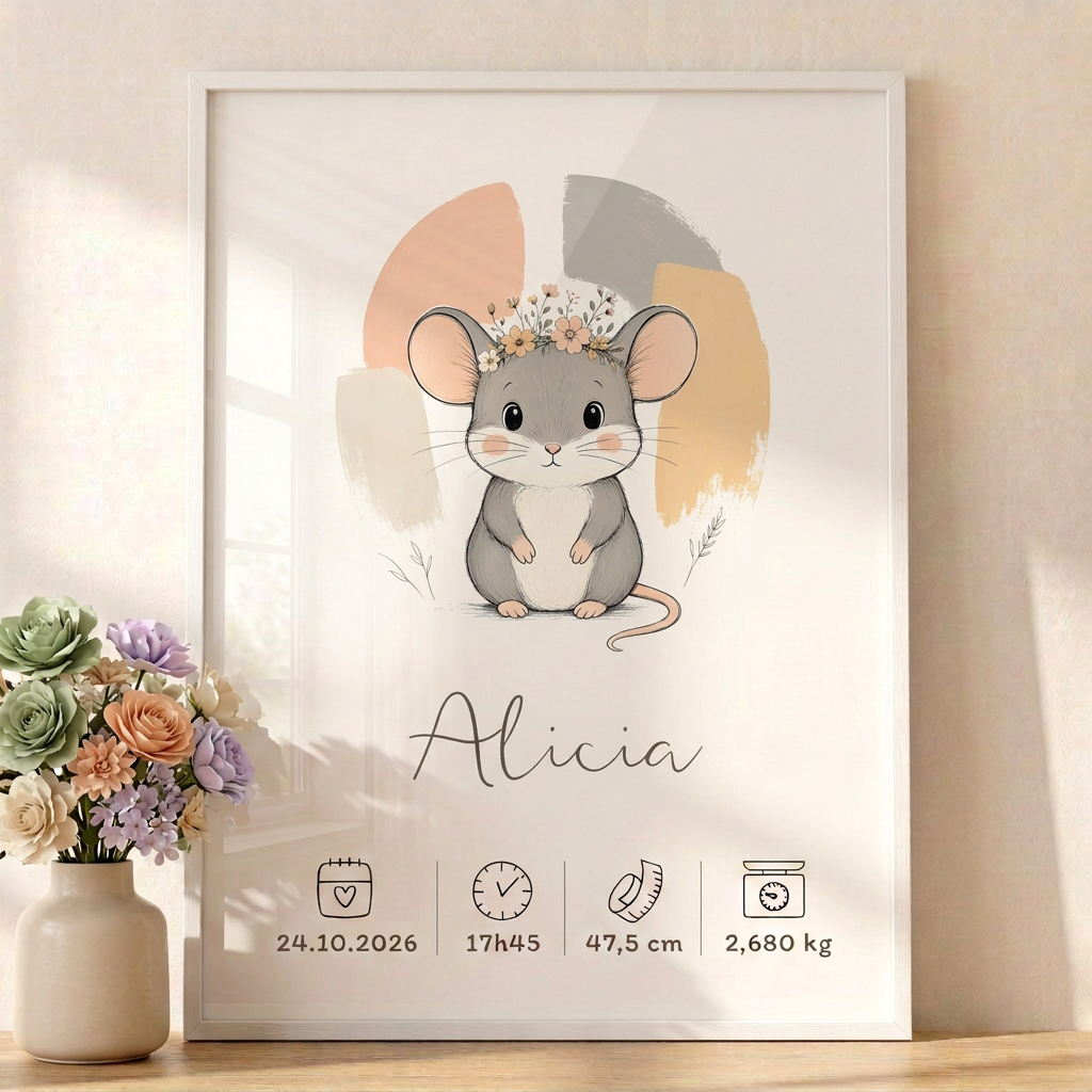 Affiche souris Alicia en cadre blanc avec bouquet pastel