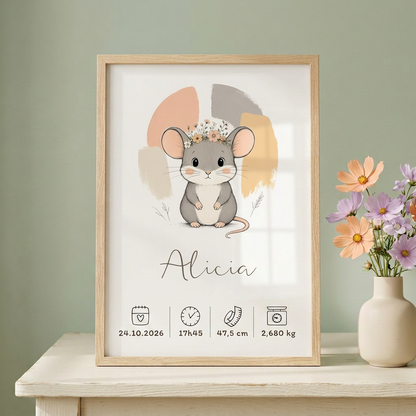 Affiche souris Alicia en cadre bois clair avec fleurs