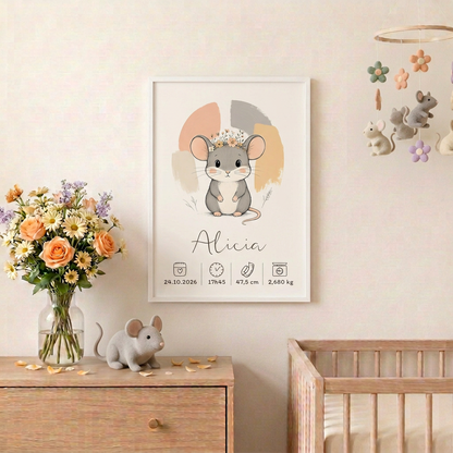 Affiche souris Alicia encadrée dans une chambre bébé