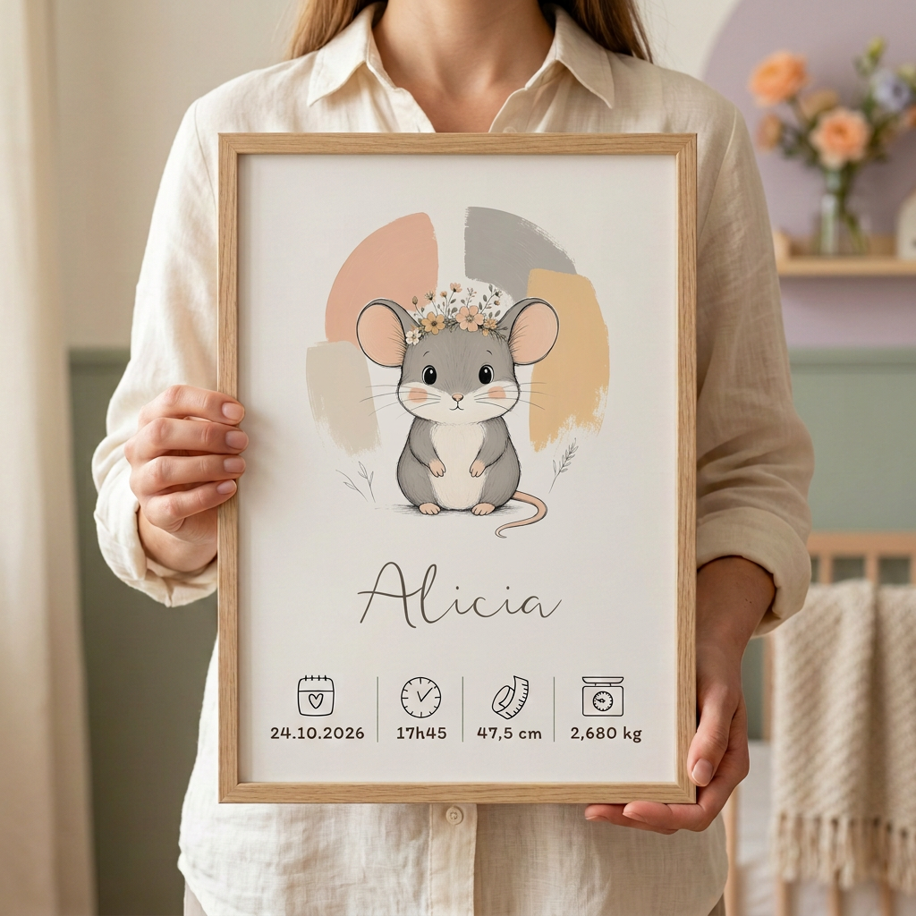 Affiche souris Alicia encadrée tenue à deux mains