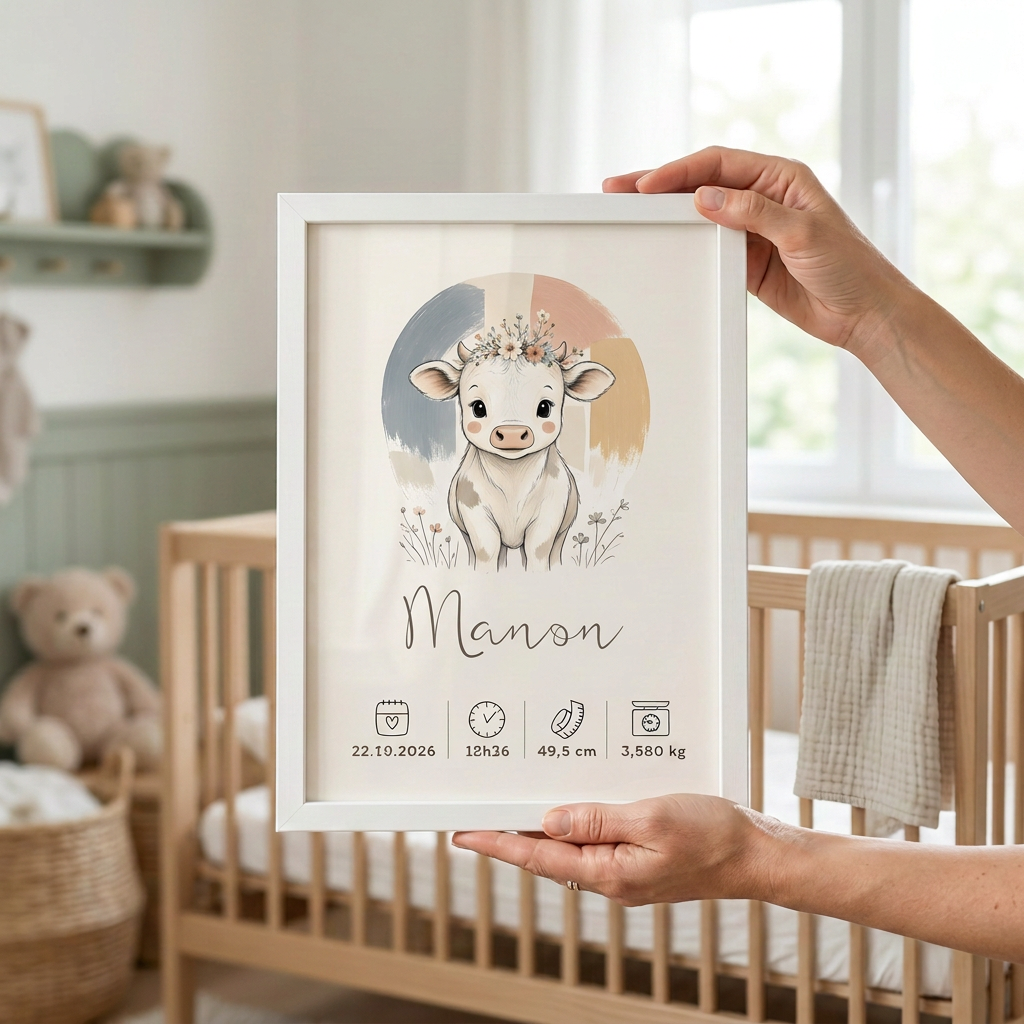 Affiche vache Manon dans un cadre blanc tenu en main