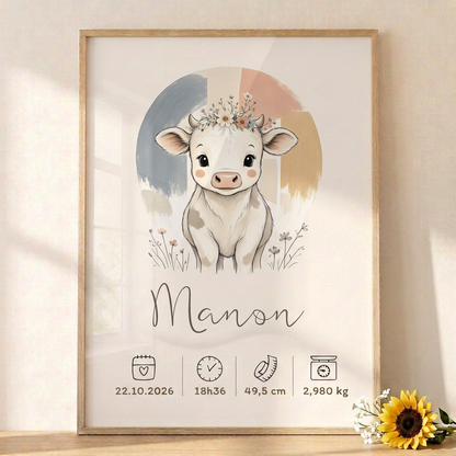 Affiche vache Manon dans un cadre bois clair au soleil