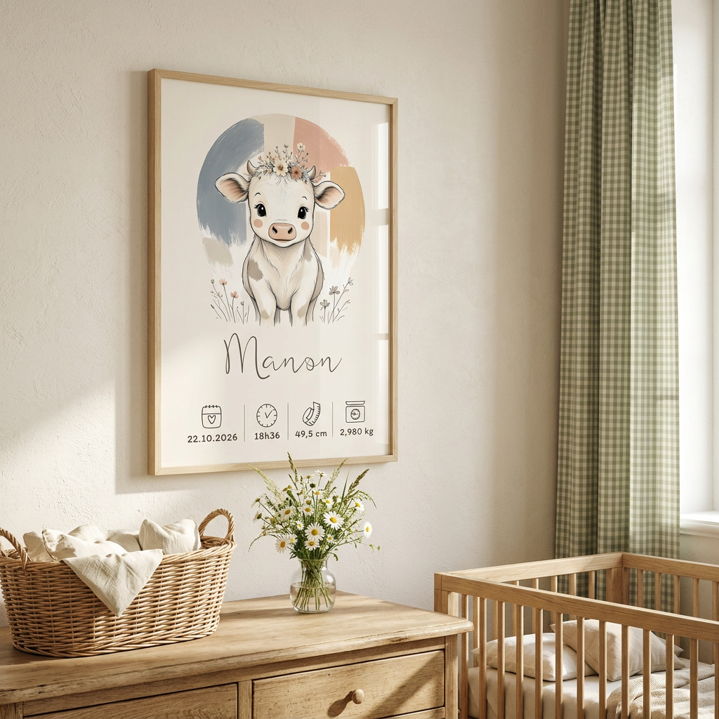 Affiche vache Manon encadrée au mur dans une chambre d’enfant champêtre