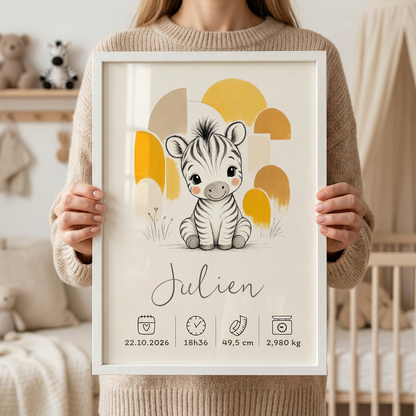 Affiche zèbre Julien dans un cadre blanc tenue en mains