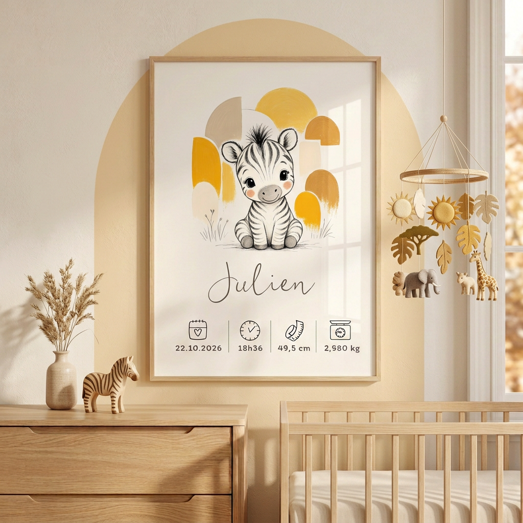 Affiche zèbre Julien dans une chambre à la décoration savane douce