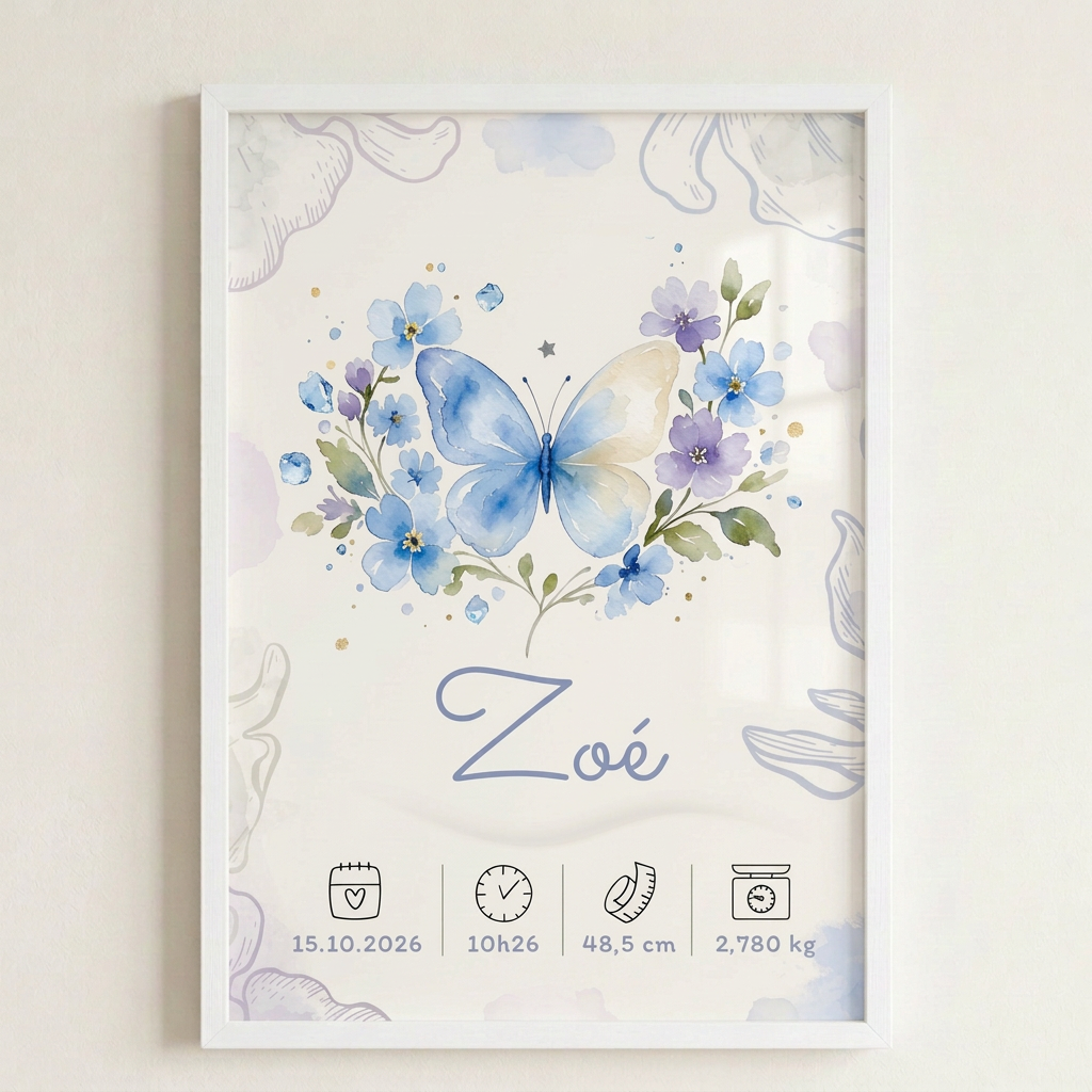 Affiche Zoé dans un cadre blanc avec plexiglas accroché au mur