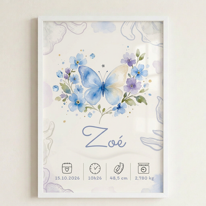 Affiche Zoé dans un cadre blanc avec plexiglas accroché au mur
