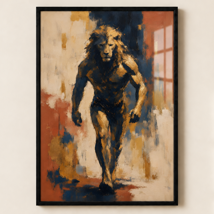 homme lion affiche encadrée avec plexiglas - animal totem hybride - art décoration mural