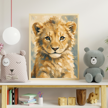Affiche bébé lion encadrée – chambre d’enfant prête à accrocher