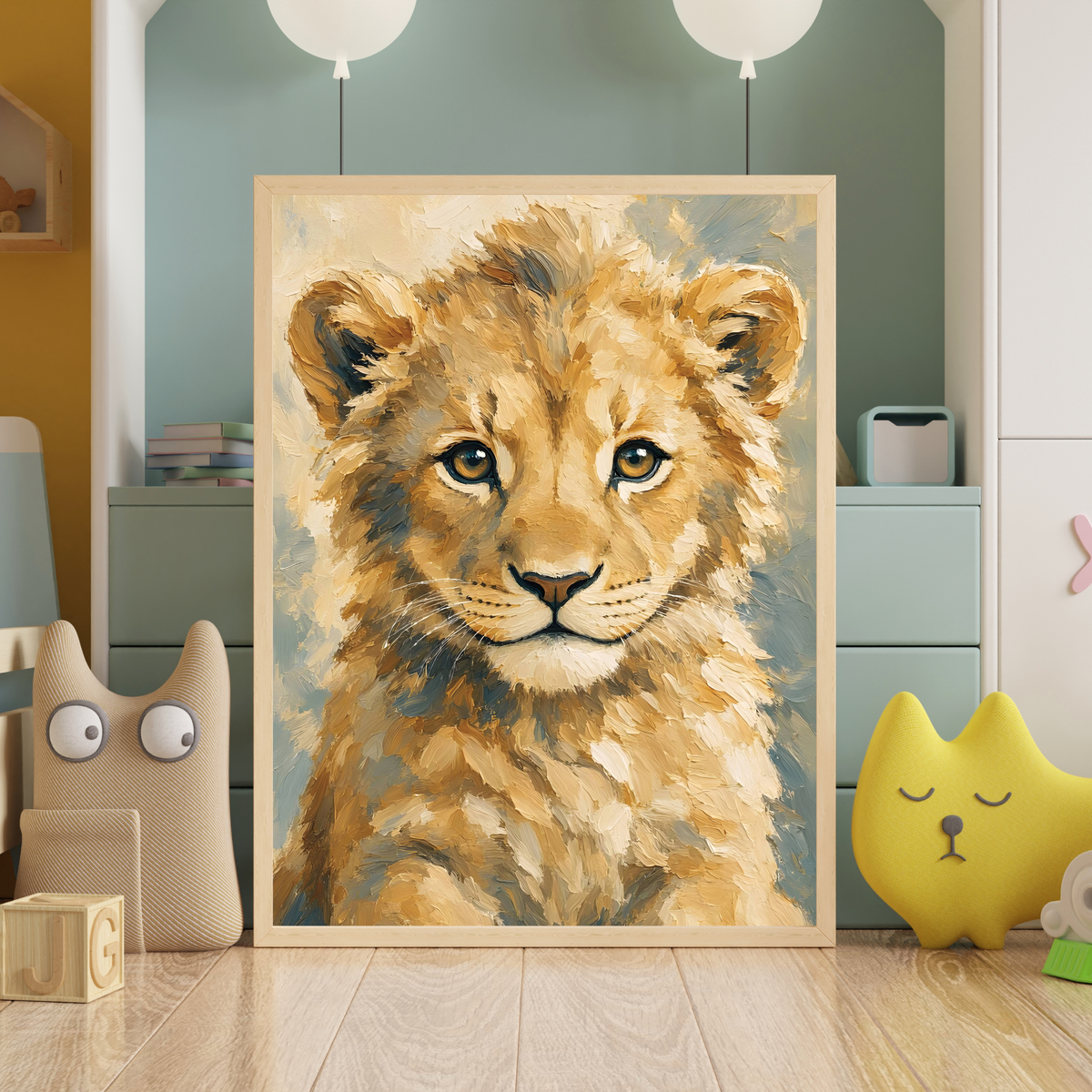 Affiche bébé lion encadrée – chambre d’enfant prête à accrocher