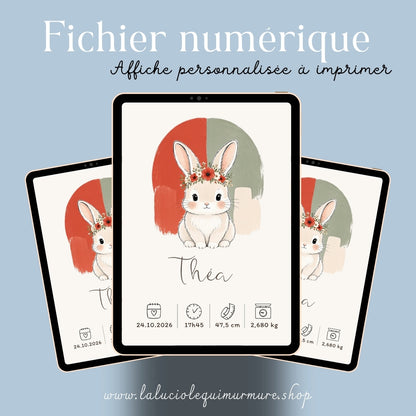 Affiche lapin coquelicot personnalisée – Animal totem, fichier numérique