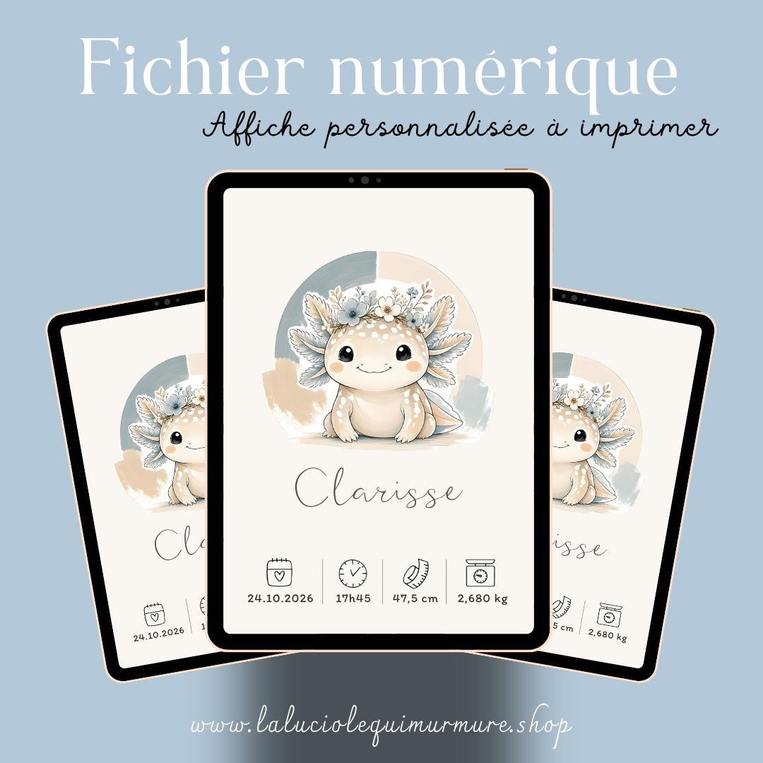 Affiche axolotl personnalisée – Prénom et naissance, fichier numérique