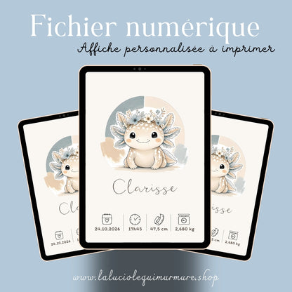 Affiche axolotl personnalisée – Prénom et naissance, fichier numérique