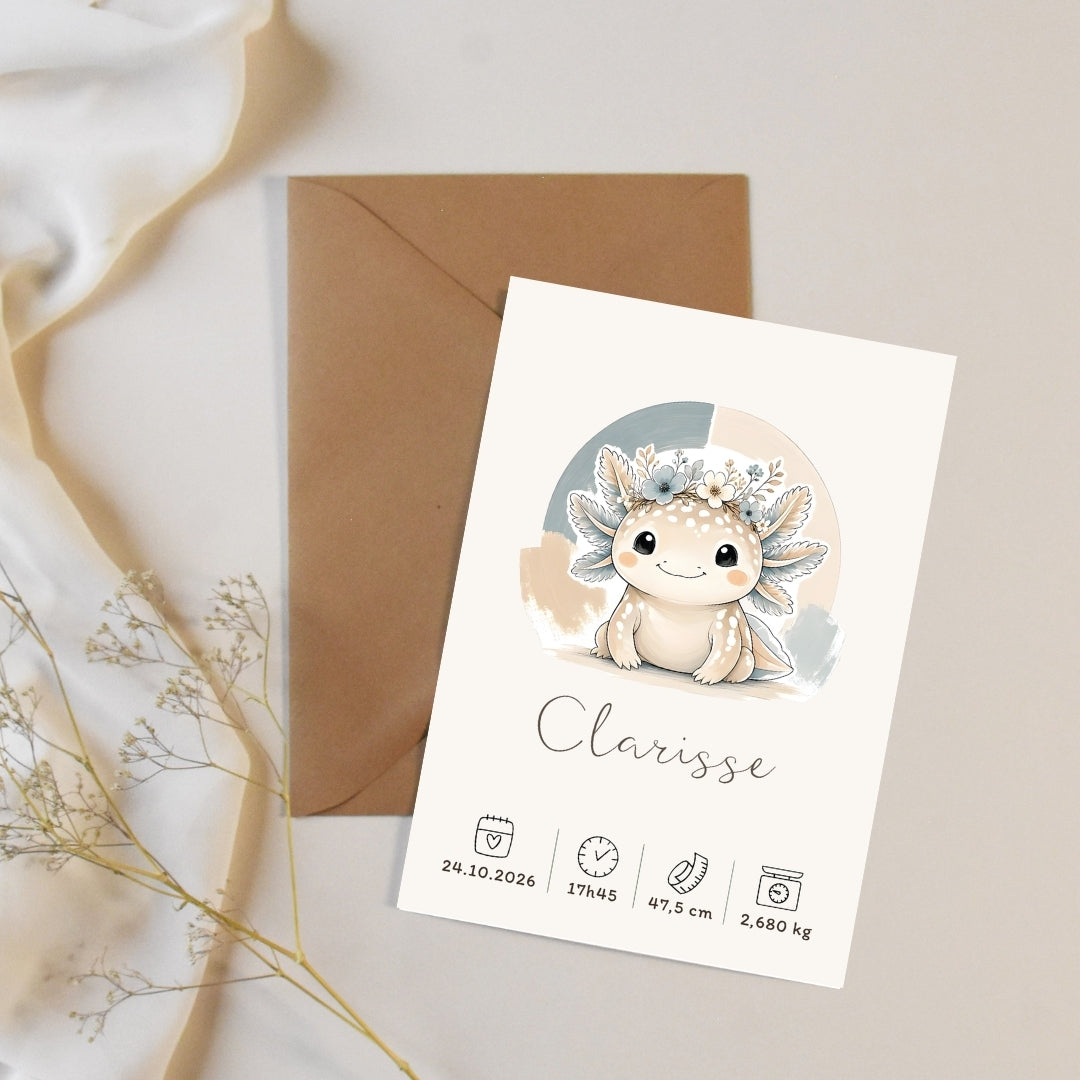 Affiche axolotl personnalisée – Prénom et naissance, fichier numérique