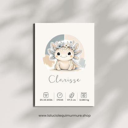 Affiche axolotl personnalisée – Prénom et naissance, fichier numérique