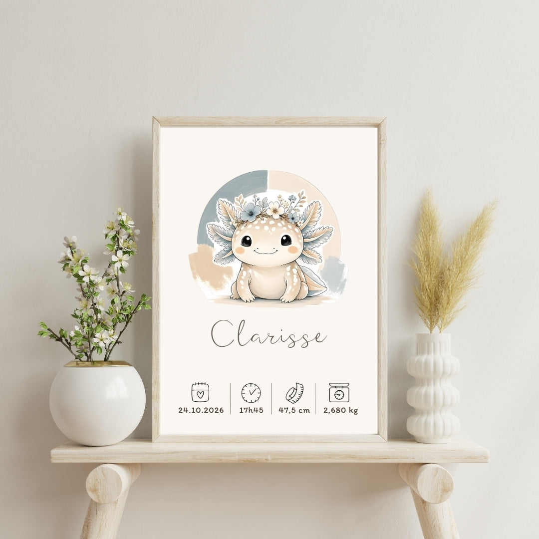 Affiche axolotl personnalisée – Prénom et naissance, fichier numérique