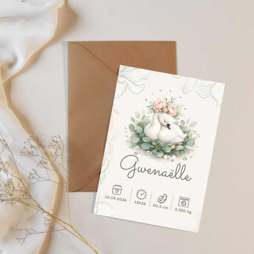 Affiche de naissance Gwenaëlle numérique personnalisée – Cygne fleuri