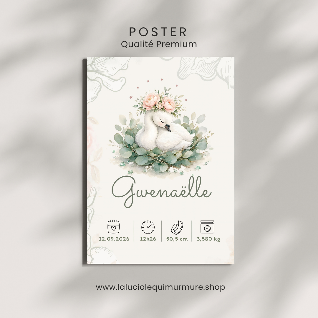 Affiche de naissance Gwenaëlle numérique personnalisée – Cygne fleuri