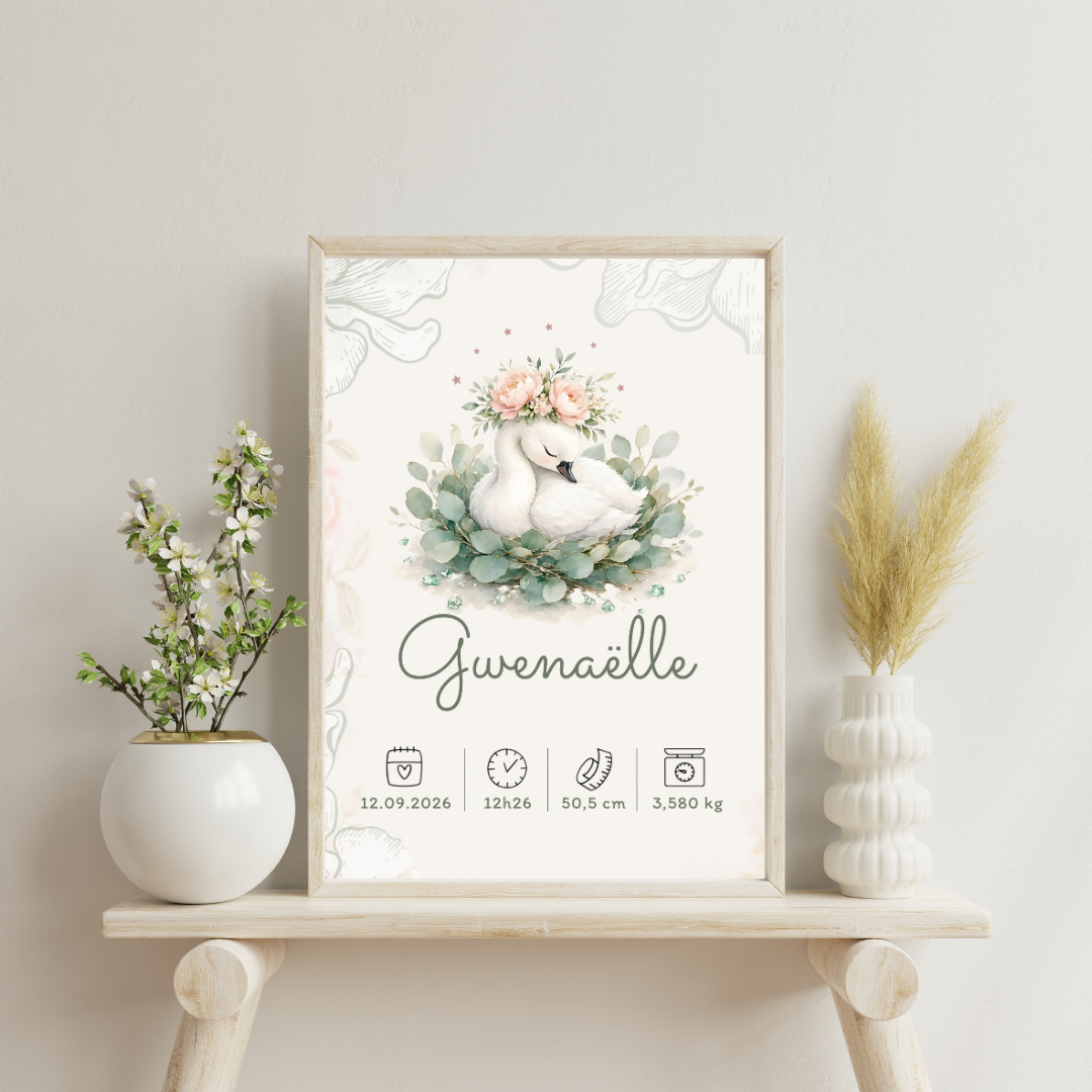 Affiche de naissance Gwenaëlle numérique personnalisée – Cygne fleuri