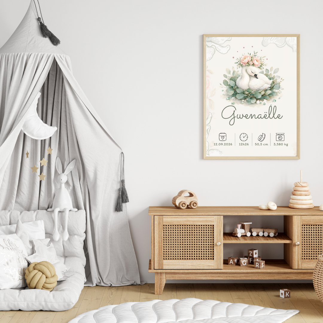 Affiche de naissance Gwenaëlle numérique personnalisée – Cygne fleuri