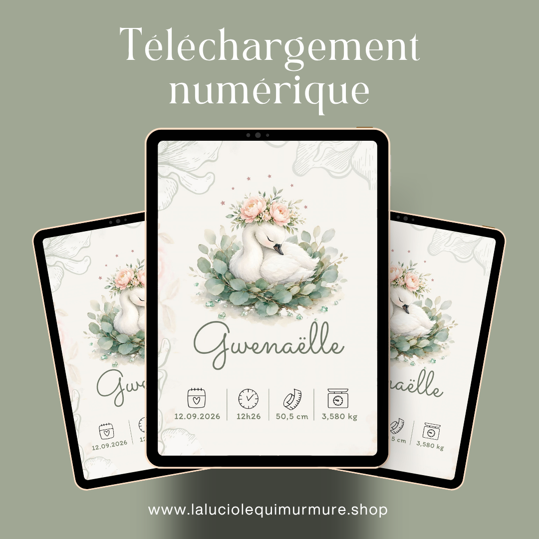 Affiche de naissance Gwenaëlle numérique personnalisée – Cygne fleuri