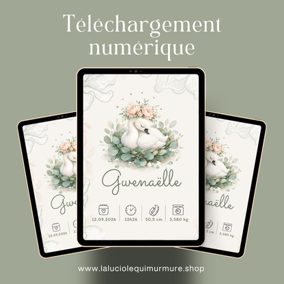 Affiche de naissance Gwenaëlle numérique personnalisée – Cygne fleuri