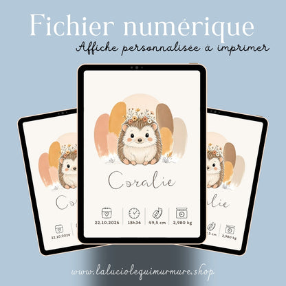 Affiche hérisson personnalisée – Animal totem, fichier numérique