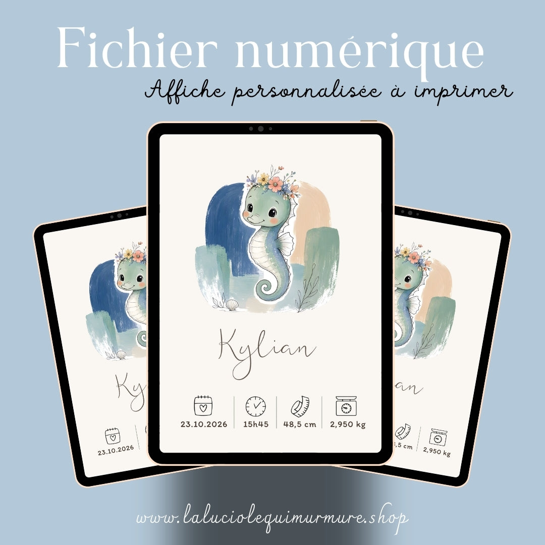 Affiche hippocampe personnalisée – Animal totem, fichier numérique