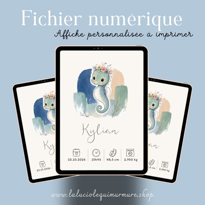 Affiche hippocampe personnalisée – Animal totem, fichier numérique