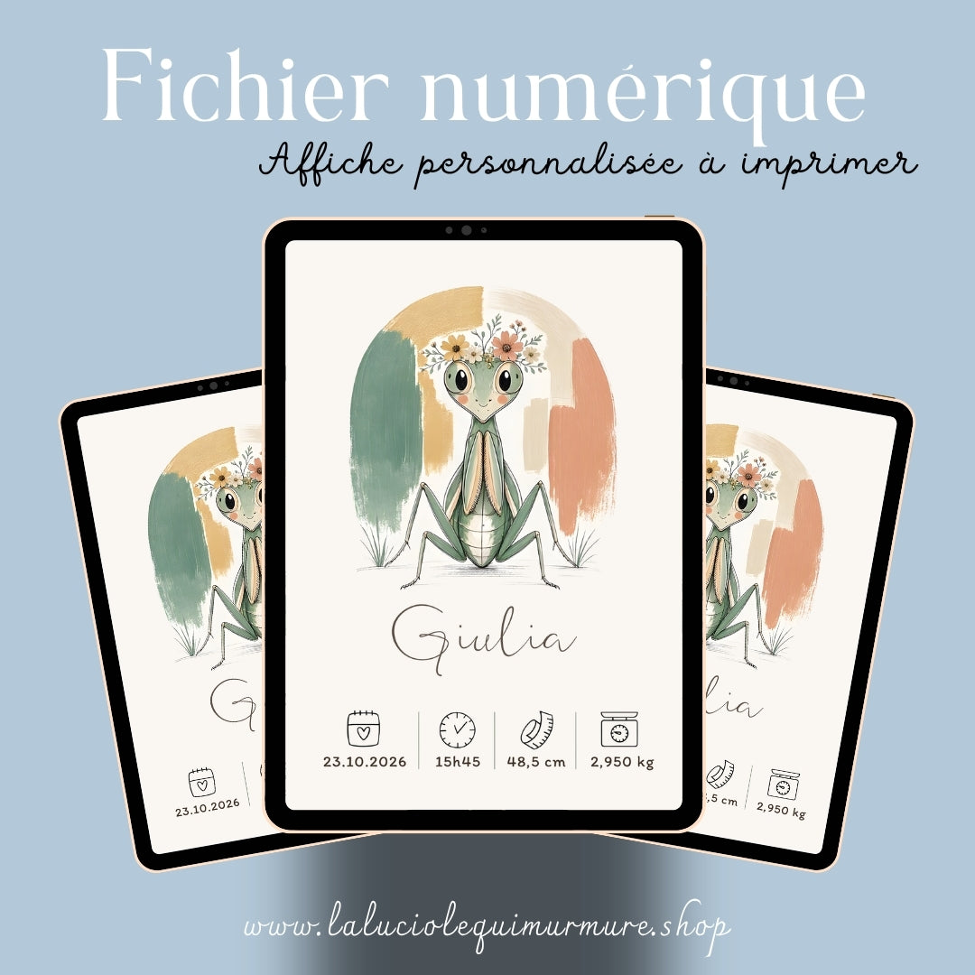 Affiche mante religieuse personnalisée – Animal totem, fichier numérique