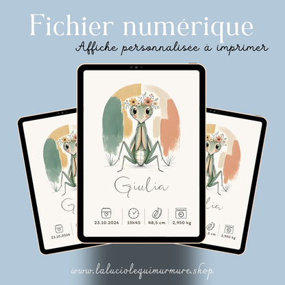 Affiche mante religieuse personnalisée – Animal totem, fichier numérique