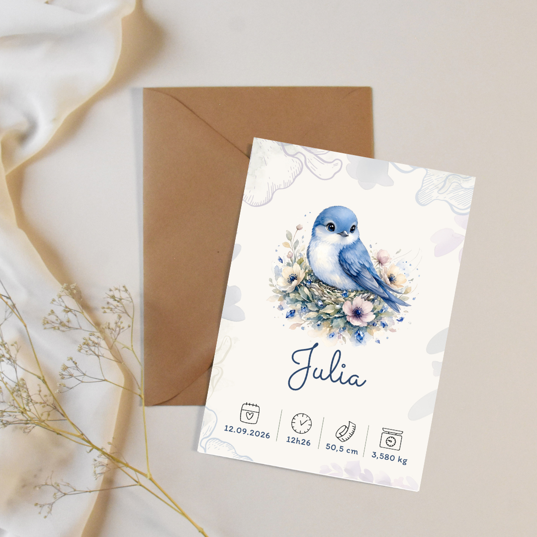 Affiche de naissance Julia personnalisée – Oiseau bleu, fichier numérique