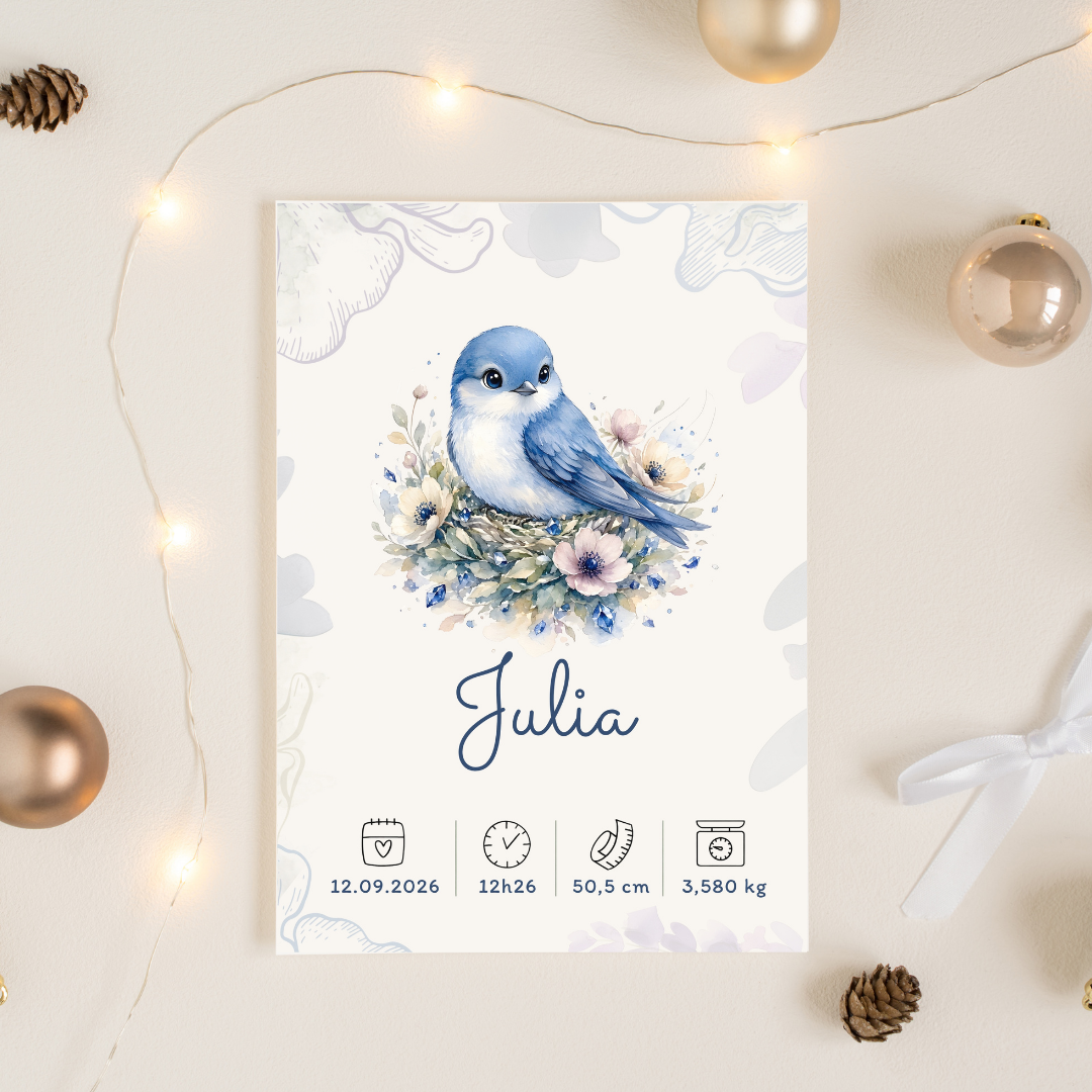 Affiche de naissance Julia personnalisée – Oiseau bleu, fichier numérique