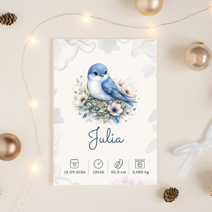 Affiche de naissance Julia personnalisée – Oiseau bleu, fichier numérique