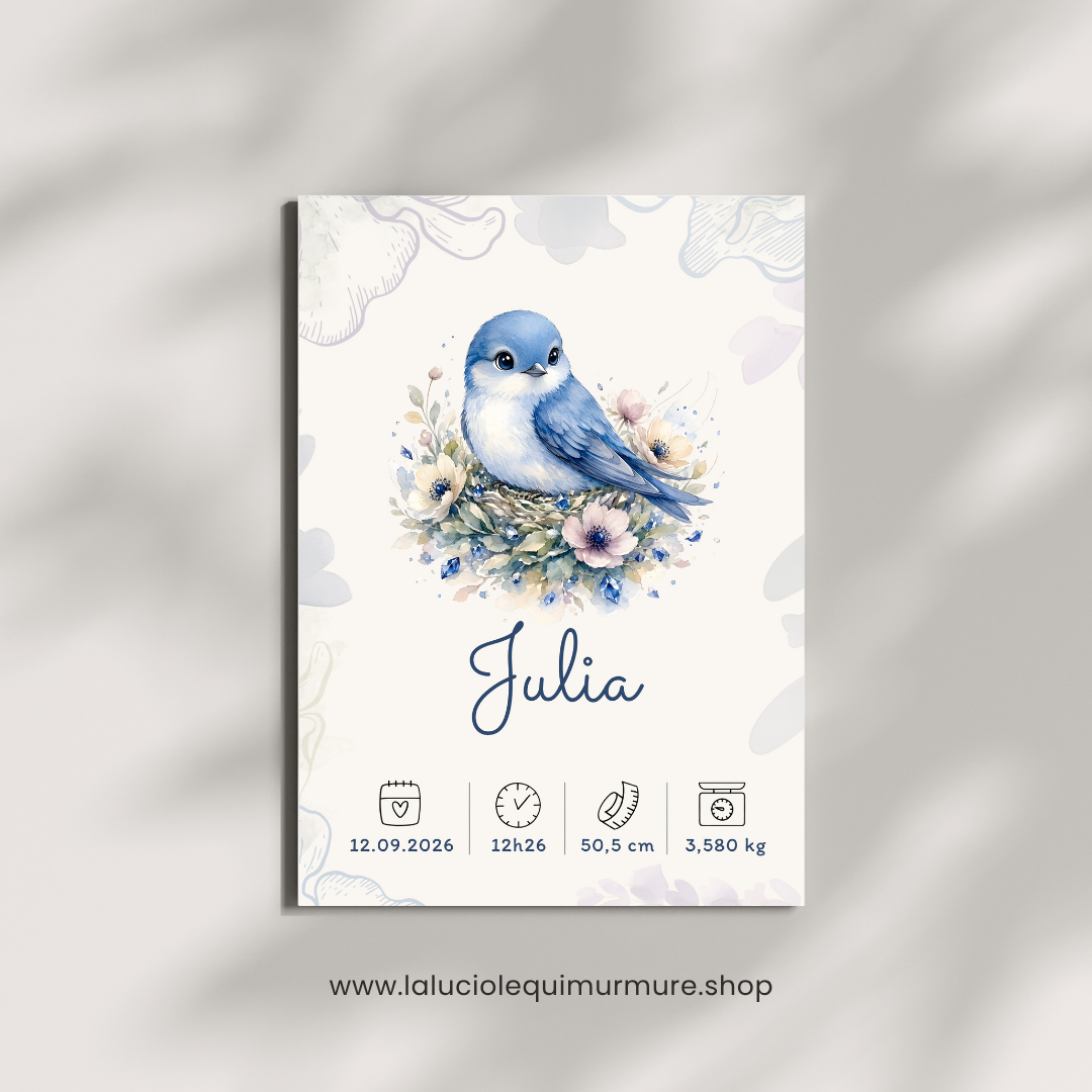 Affiche de naissance Julia personnalisée – Oiseau bleu, fichier numérique