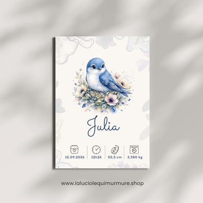 Affiche de naissance Julia personnalisée – Oiseau bleu, fichier numérique