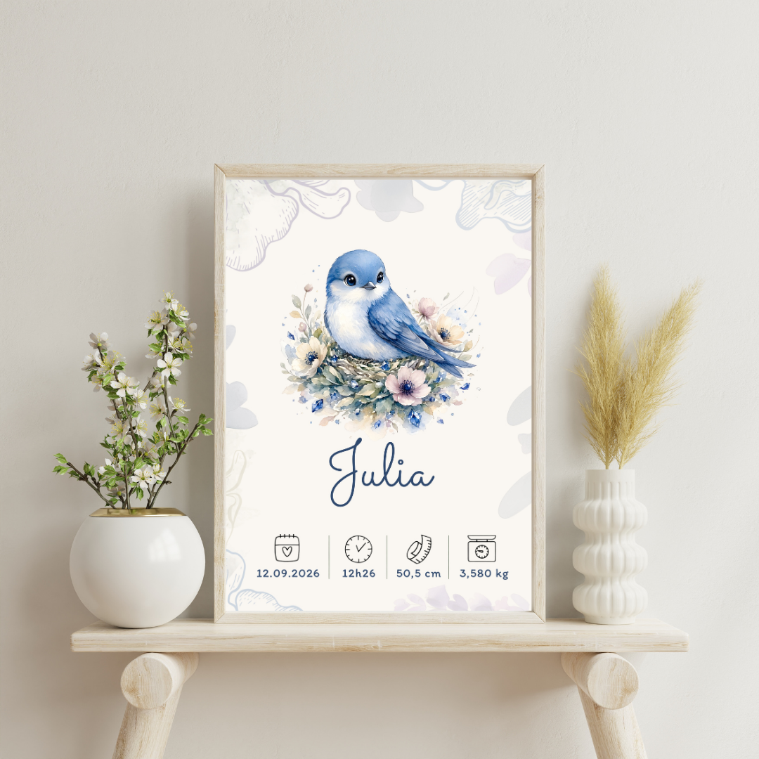 Affiche de naissance Julia personnalisée – Oiseau bleu, fichier numérique
