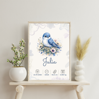 Affiche de naissance Julia personnalisée – Oiseau bleu, fichier numérique