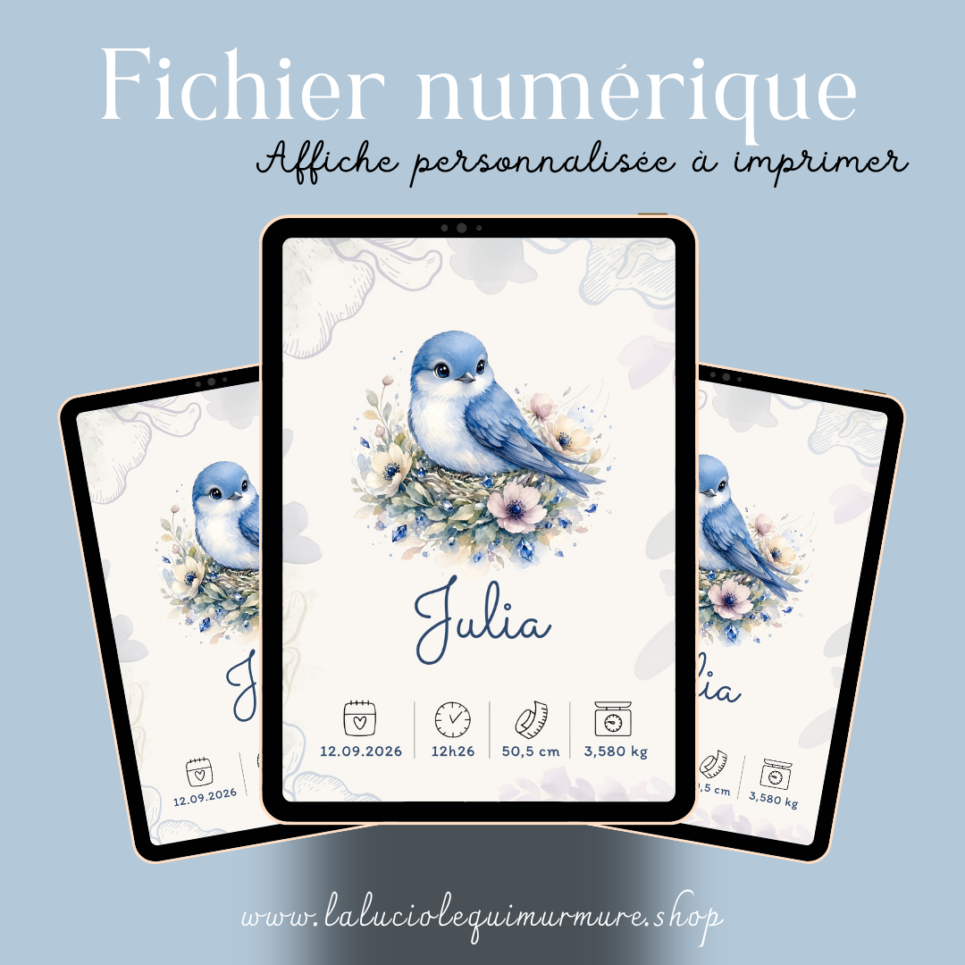 Affiche de naissance Julia personnalisée – Oiseau bleu, fichier numérique