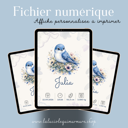 Affiche de naissance Julia personnalisée – Oiseau bleu, fichier numérique