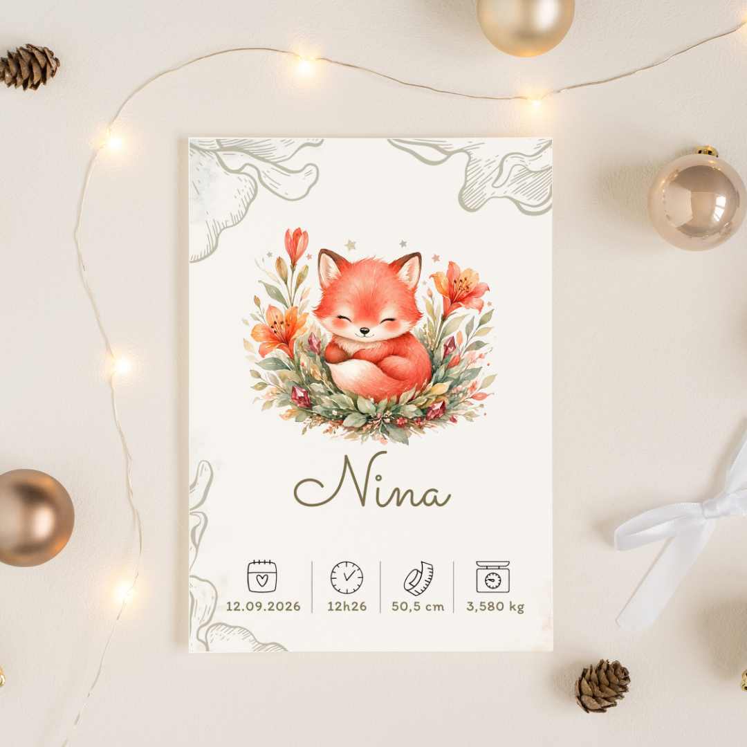Affiche de naissance Nina personnalisée – Renard fleuri