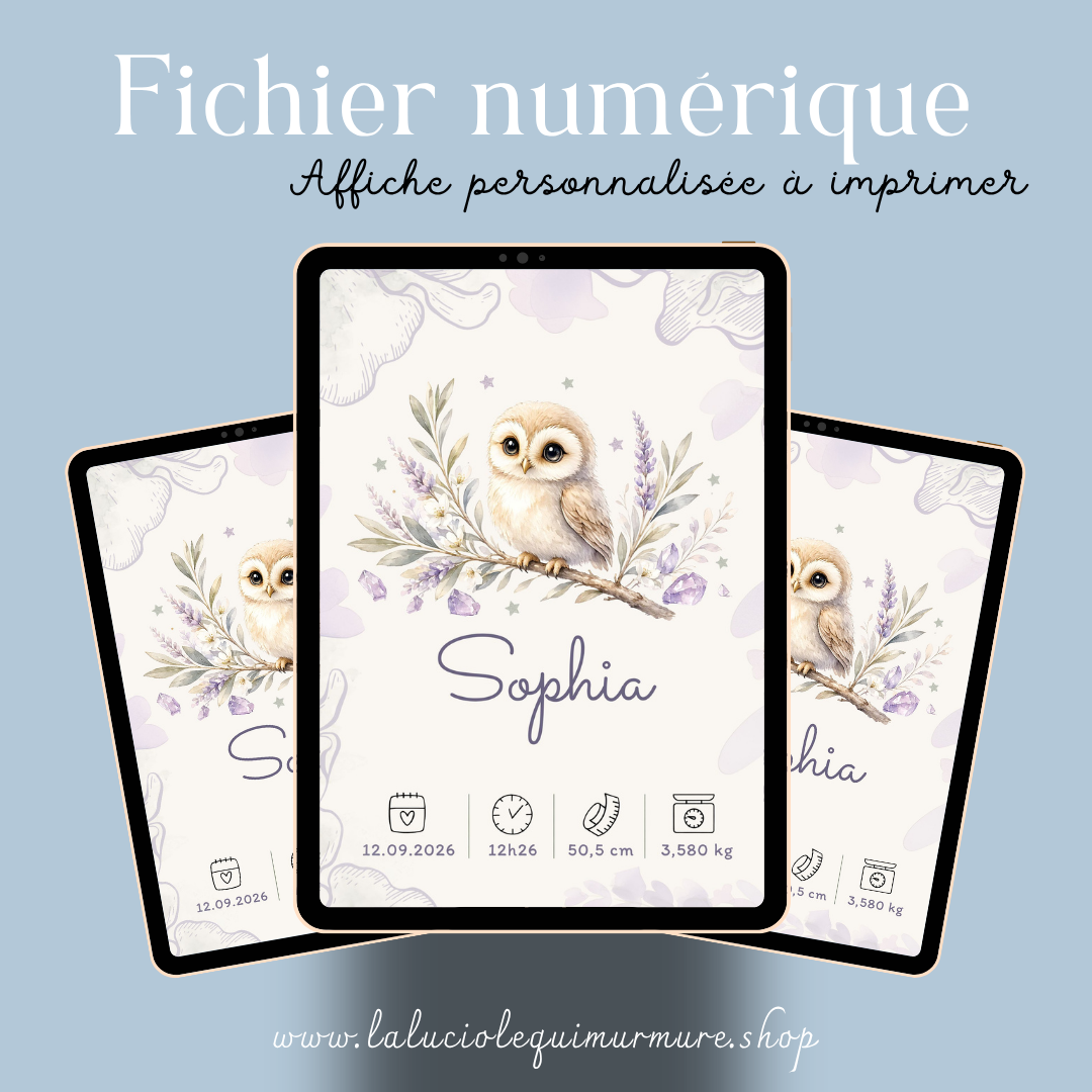 Affiche de naissance Sophia personnalisée – Hibou, fichier numérique