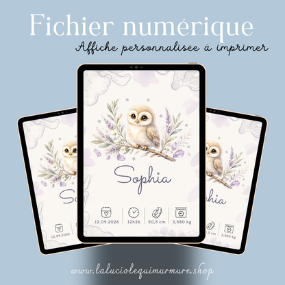 Affiche de naissance Sophia personnalisée – Hibou, fichier numérique