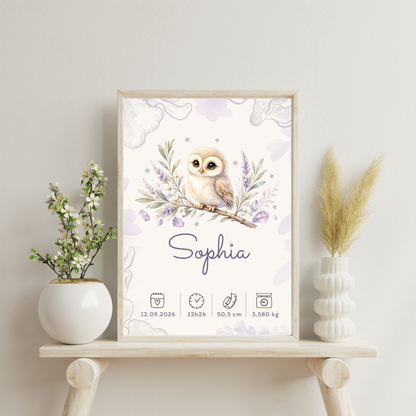 Affiche de naissance Sophia personnalisée – Hibou, fichier numérique