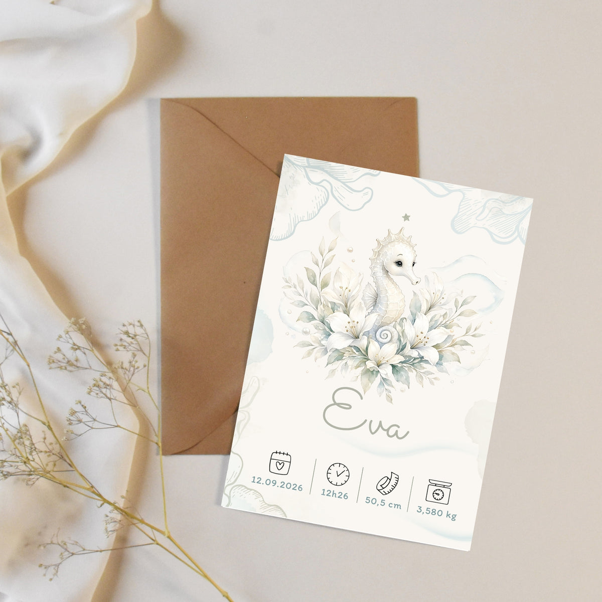 Affiche de naissance Eva personnalisée – Hippocampe, fichier numérique