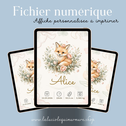 Affiche de naissance Alice personnalisée – fichier numérique