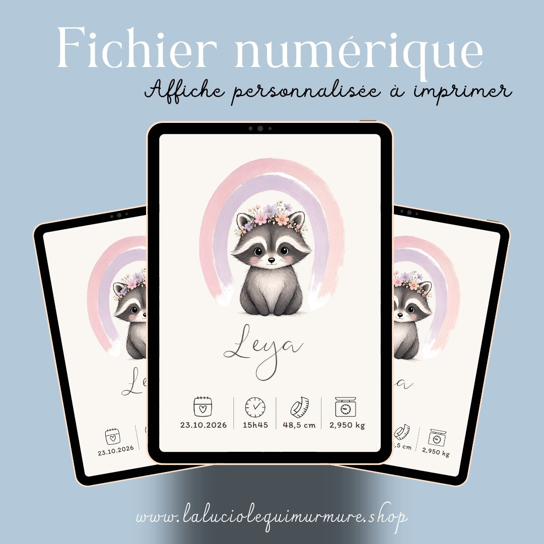 Affiche raton laveur personnalisée – Animal totem, fichier numérique